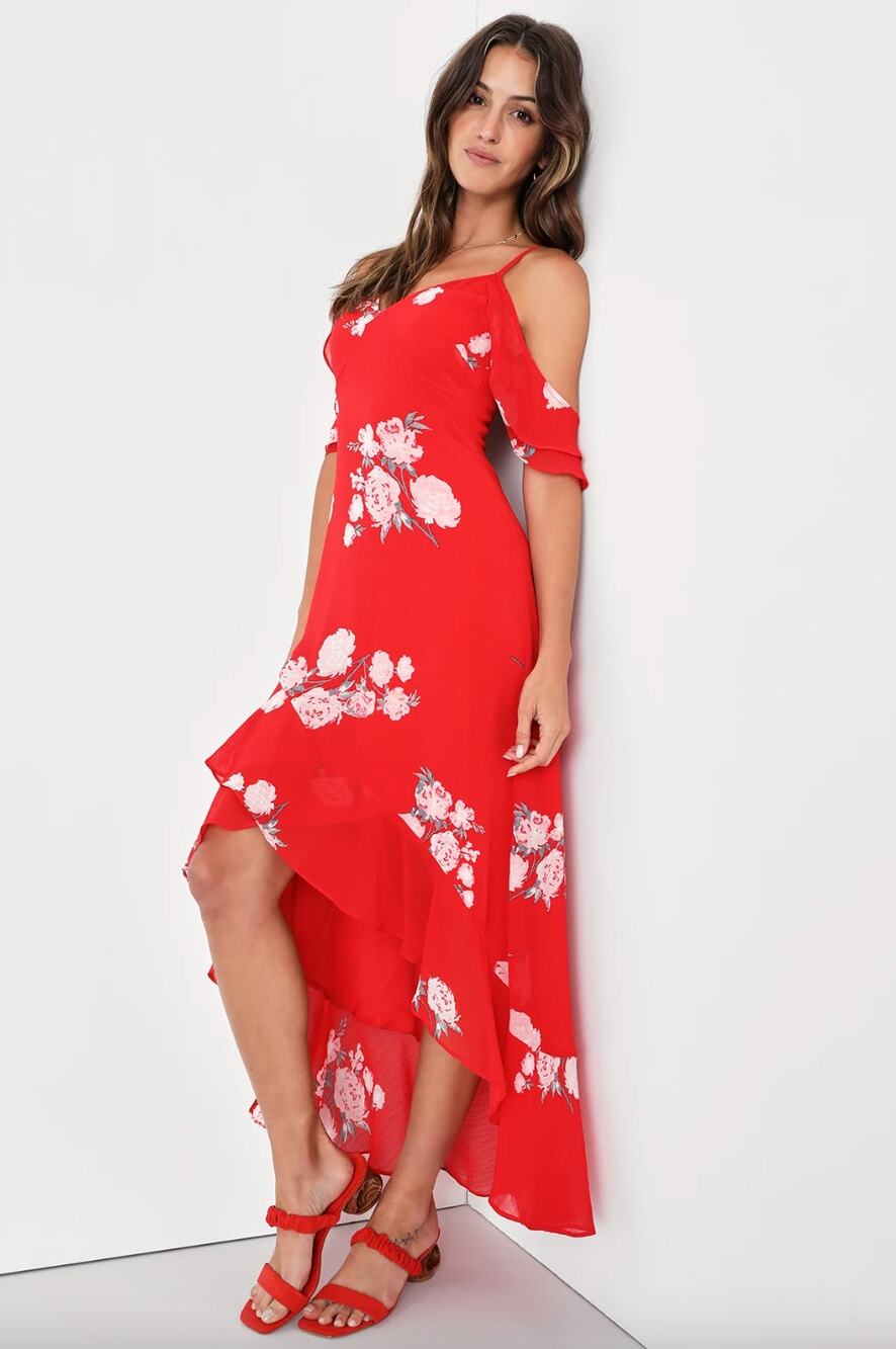 Lulus Love in Bloom Red Floral Print Off-the-Shoulder High-Low Dress Size XS